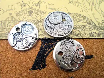 12pcs--Uret Gear charme, Antik sølv Runde Watch Face Charme Vedhæng 25mm
