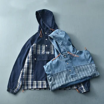 2021 Efteråret Ny Japansk Stil Hooded Pullover Denim Plaid Jakke Mænds Mode Ren Bomuld Vaskes Gamle Par Casual Løs Frakke