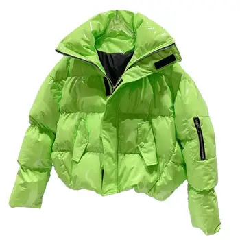 2021 vinteren ny jakke mode afslappet lynlås ærmer farve lyse patent læder stand-up krave bomuld bomuld kvinder