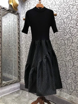 2022 nye kvinder mode rund hals strik syning mikro-puff A-linie slank med lange ærmer kjole 1215