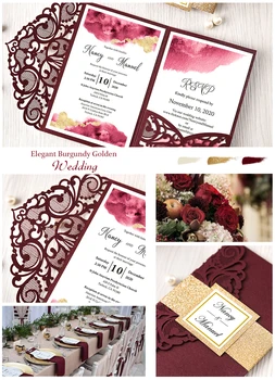 50 pc ' er, Nye Stil, Elegant Bourgogne Hule Blomster Laser Cut Luksus Bryllup Invitation Kort med Kuvert