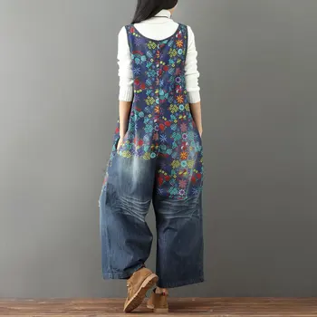 Bred Ben Bib Denim Overalls Kvinder Vintage Trykt Blomst jean Jumpsuits Stor størrelse Drop-Crotch Jeans Huller Rippet cowboy Rompers