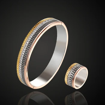 Fateama smykker luksus mærke armbånd med ring 3A zircon micro bane indstilling fire farve forgyldt armbånd Til Kvinder Feminin Pulseira
