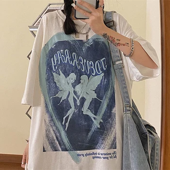 Harajuku Angel wing vintage Hip Hop kortærmet t-shirt Streetwear punk Sommer Tees Æstetiske Overdimensionerede Gotisk Kvinde Tøj y2k