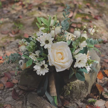 HIMSTORY Romantisk Bryllup Buket Hvide Brude Blomster, Grønne Blade Silke Rose Buket bryllupsfest Tilbehør til boligindretning