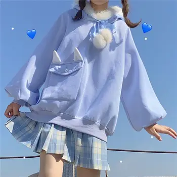 HOUZHOU Kawaii Bunny Ører Hættetrøjer Kvinder Japansk Preppy Style Sød Sweatshirt 2021 Efterår og Vinter Kanin Ører E Pige Tøj