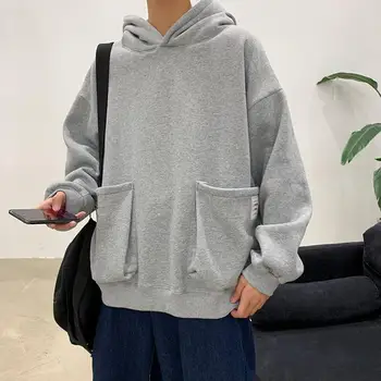 Japansk Streetwear Mænd Overdimensionerede Hoodie Solid Farve Lomme Sweatshirt Winter Plus Velvet Løs Studerende Afslappet Mænd Hættetrøjer