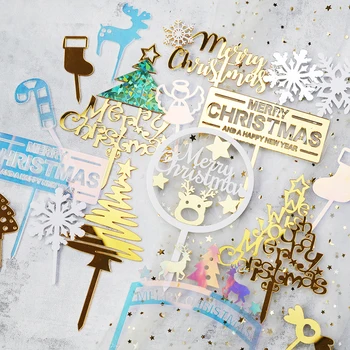Jul Akryl Flag Kage Topper Samling af Guld Xmas Tema Snowflake Glimmer Picks Dekorationer Kage Santa Claus Plug-in