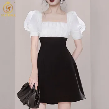 Korea Smarte Firkantet Krave Mini Kjole For Kvinder Sommeren Puff Korte Ærmer Slank Høj Talje Patchwork Kjole Vestidos Femme 2021 Ny