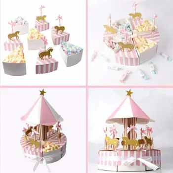 Kreative Nyt Papir Karrusel Gaveæske Bryllup Favoriserer Gave Souvenir Til Gæst Unicorn Part Baby Shower Cake Box Fest Dekoration
