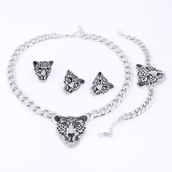 Kvinder Guld farve sølv forgyldt boho smykker sæt med øreringe Leopard hoved crystal statement halskæde til fest halskæde