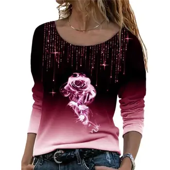 Kvinder Mode T-shirt i Oversize langærmet O-hals Trykte Shirts Efterår og Vinter Casual Toppe SQ3968