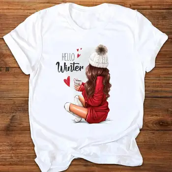 Kvinder Vinteren 90'erne Tendens Søde Grafisk Glædelig Jul Kvindelige Nye År Print Tops Tees kortærmet T Shirt Tøj-T-Shirt
