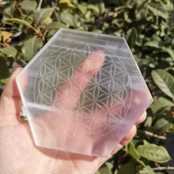 Naturlige selenite sten sekskant disk gips crystal Flower of Life Chakra sexangle Plade