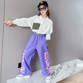 Piger Falder Streetwear Passer til 8 til 10 år Dans Hiphop Sport Tøj Sæt 2 delt Sweatshirt Brev Lige Bukser Tøj Sæt