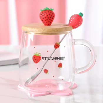 Pink Jordbær Glas Sød Træ-Låg Og Krus, Ske, Kop Mælk Kvinder Te Briller Cup-Copo De Vidro Glas at Drikke AC50GC