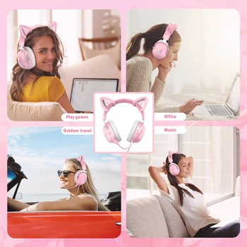 Pink PC-Headset med Aftageligt Kat Ører Gamer Hovedtelefon til Pige med Mic Surround Sound Bærbar PS4 og Xbox Gaming Hovedtelefoner
