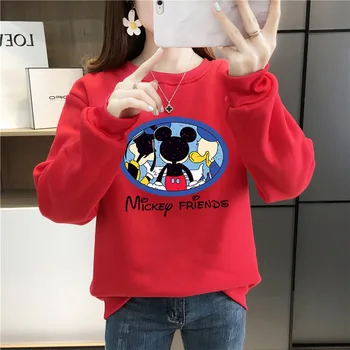 S-3XL Plus Size Disney Mickey med Venner Søde Kawaii Pullovere Tyk Efterår og Vinter Hvid Rød Blå Løs Grafik Hættetrøjer Kvinde