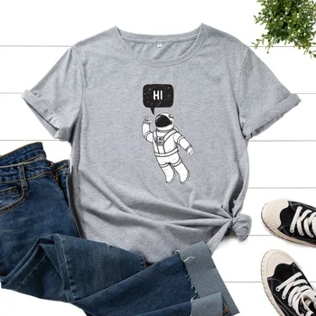 Sommeren Kvinder Korte Ærmer Bomuld T-shirt Astronaut Print Kvindelige Mode Afslappet Tøj Damer Regelmæssig Løs O-Neck Tee Toppe