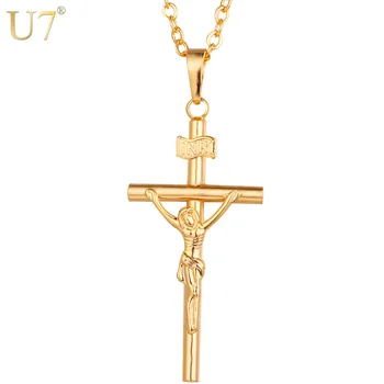 U7 Kors Halskæde til Mænd/Kvinder Smykker Julegave Engros Trendy Guld INRI Krucifiks Jesus Chain & Vedhæng P327