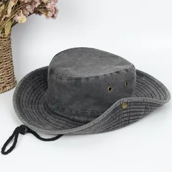 Unisex Vintage Vasket Denim Bomuld Boonie Hat Wide Brim Solcreme Åndbar Udendørs Fiskeri Spand Cap med hagerem