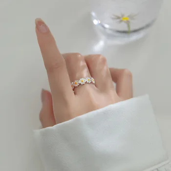 Ægte 925 Sterling Sølv Ring Smukke Daisy Blomst Ringe Til Kvinder Justerbar Bride Bryllup Engagement Smykker